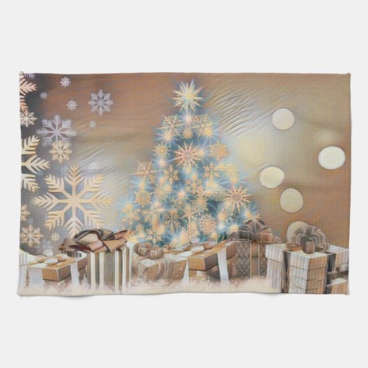 Kerstboom en kerstcadeaus waterverf theedoek (Horizontaal)