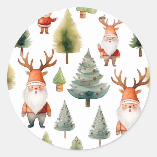 Kerstboom en kerstman in Waterverf Ronde Sticker (Voorkant)