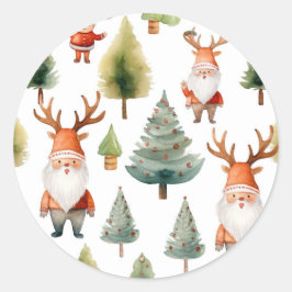 Kerstboom en kerstman in Waterverf Ronde Sticker