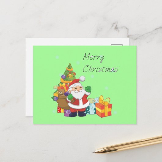 Kerstboom en Kerstman Prettig Kerstfeest groen Feestdagenkaart (Voorkant / Achterkant in situ)