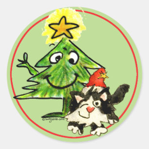 Kerstboom en kitten kat ronde sticker