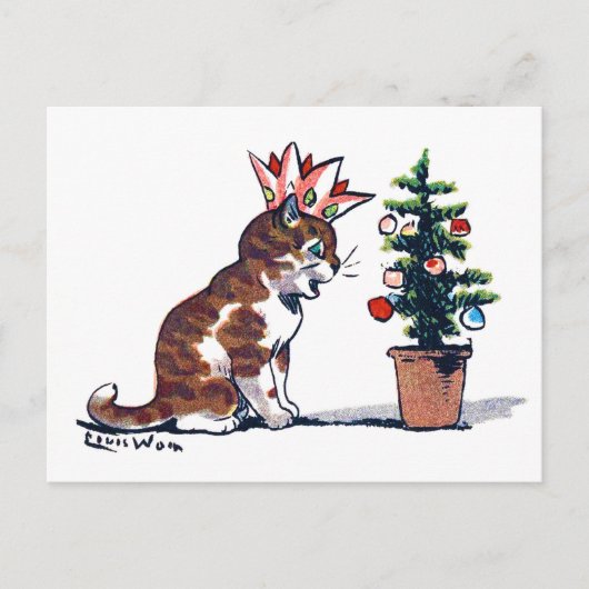 Kerstboom en Kitten, Louis Wain Briefkaart (Voorkant)