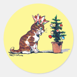 Kerstboom en Kitten, Louis Wain Ronde Sticker