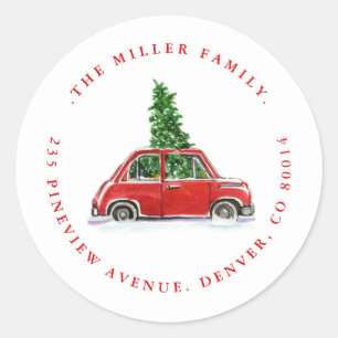 Kerstboom en kleine rode auto vakantie adres ronde sticker