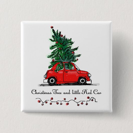 Kerstboom en kleine rode auto vierkante button 5,1 cm (Voorkant)