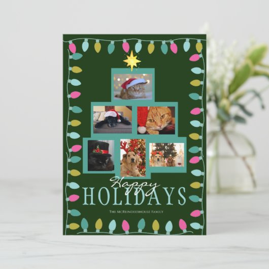 Kerstboom en licht foto feestdagenkaart (Staand voorkant)