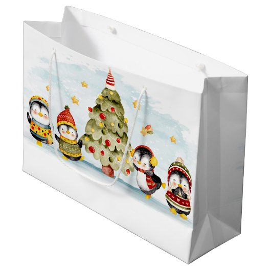 Kerstboom en luiende pinguïns groot cadeauzakje (Voorkant Gekanteld)