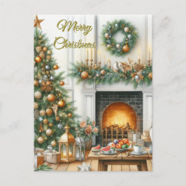 Kerstboom en Open Haard Kerstkaart Feestdagenkaart