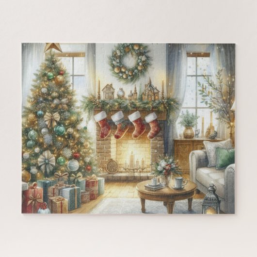 Kerstboom en open haard vakantie legpuzzel (Horizontaal)