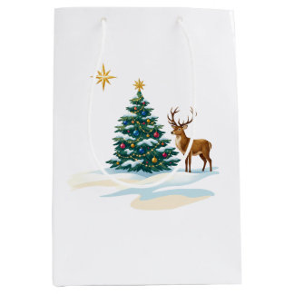 Kerstboom en rendier in de sneeuw medium cadeauzakje