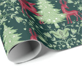 Kerstboom en rendier - Volkskunst - Groen Cadeaupapier (Rol Hoek)