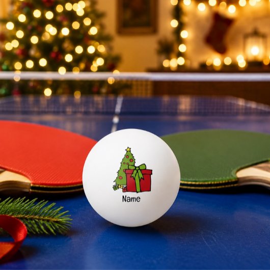 Kerstboom en rode cadeau doos pingpongbal