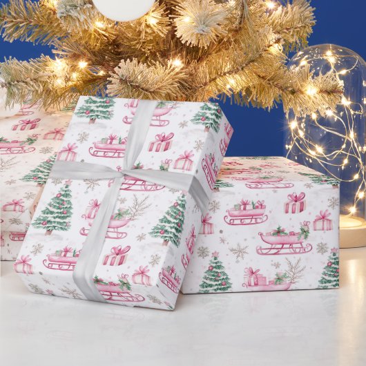Kerstboom en roze kerstslee cadeaupapier (Feestdagen)