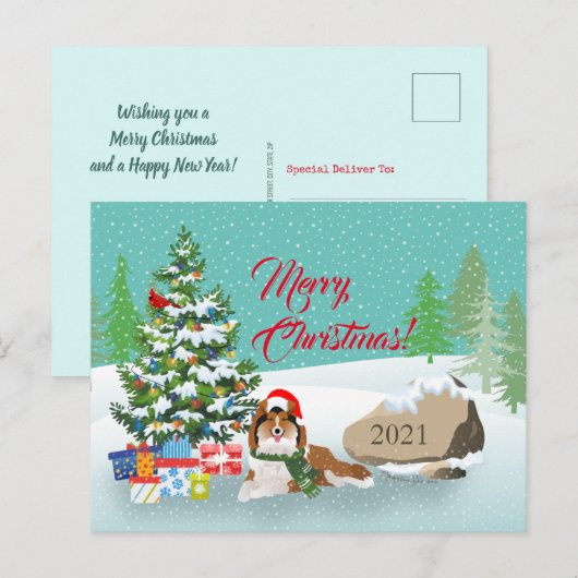 Kerstboom en Sable Sheltie Holiday Briefkaart (Voorkant / Achterkant)