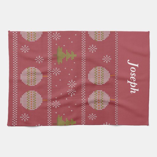 kerstboom en siergeweven rood theedoek (Horizontaal)