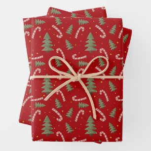 Kerstboom en snoepriet rood inpakpapier vel