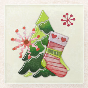 Kerstboom en Stocking Whimsey Glazen Onderzetter