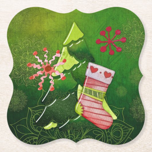 Kerstboom en Stocking Whimsey Kartonnen Onderzetters (Voorkant)