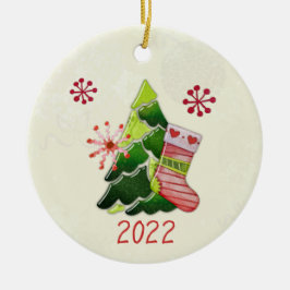 Kerstboom en Stocking Whimsey Keramisch Ornament