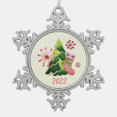 Kerstboom en Stocking Whimsey Tin Sneeuwvlok Ornament (Voorkant)