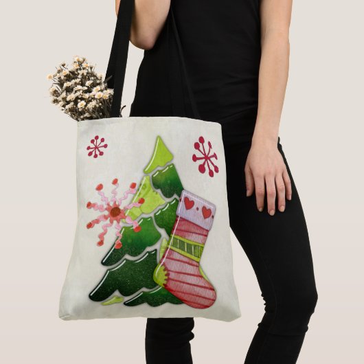 Kerstboom en Stocking Whimsey Tote Bag (Dichtbij)