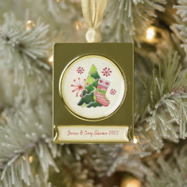 Kerstboom en Stocking Whimsey Verguld Banner Ornament
