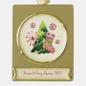 Kerstboom en Stocking Whimsey Verguld Banner Ornament (Voorkant)