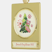 Kerstboom en Stocking Whimsey Verguld Banner Ornament (Links)