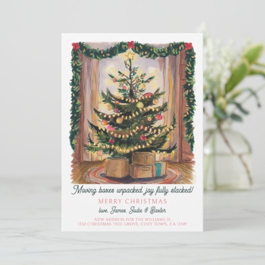 Kerstboom en verhuisdozen Vakantie Verhuizen Aankondiging (Staand voorkant)