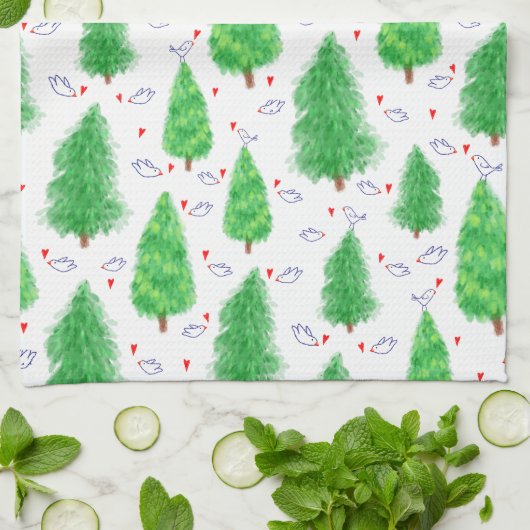 Kerstboom en vogel keukenhanddoek (Gevouwen)