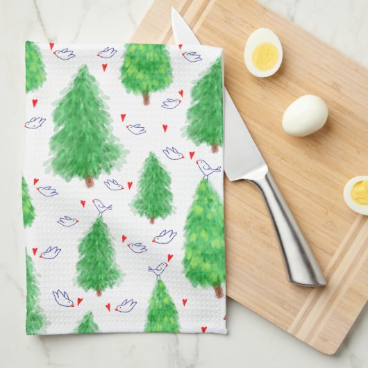 Kerstboom en vogel keukenhanddoek (Quarter Fold)