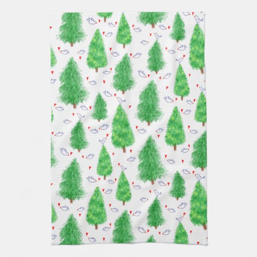 Kerstboom en vogel keukenhanddoek (Verticaal)