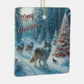 Kerstboom en wolven in sneeuwornament keramisch ornament (Rechts)