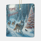 Kerstboom en wolven in sneeuwornament keramisch ornament (Links)