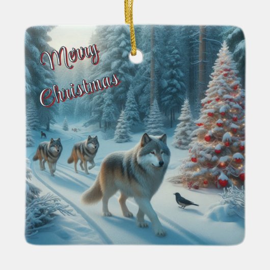 Kerstboom en wolven in sneeuwornament keramisch ornament (Voorkant)