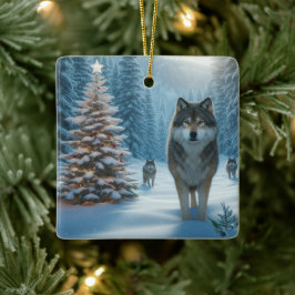 Kerstboom en Wolven Keramisch Ornament