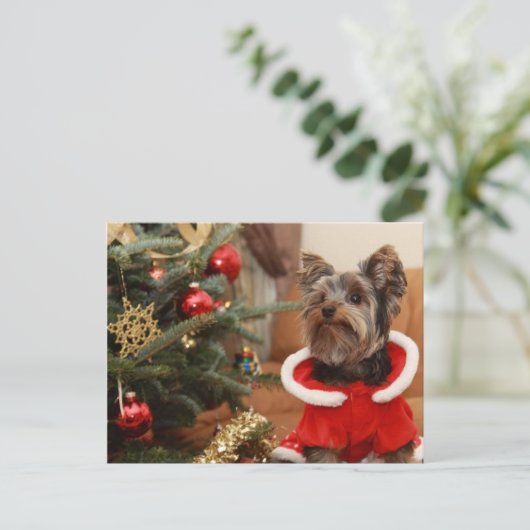 Kerstboom en Yorkie puppy Feestdagenkaart (Staand voorkant)