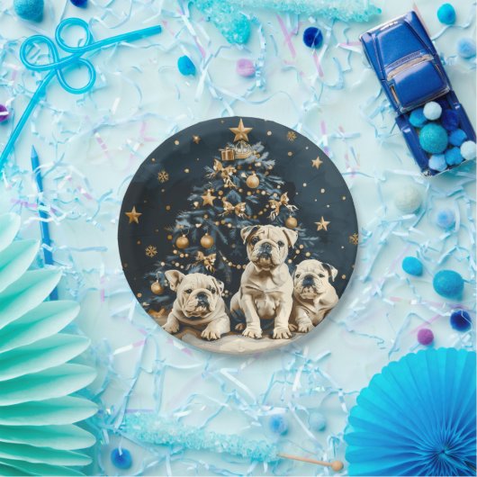 Kerstboom Engelse Bulldog Puppies Papieren Bordje (Feest)