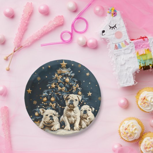 Kerstboom Engelse Bulldog Puppies Papieren Bordje (Feest)