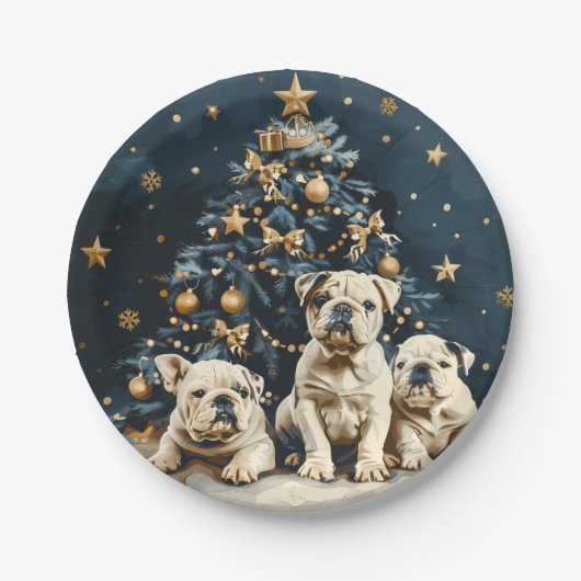 Kerstboom Engelse Bulldog Puppies Papieren Bordje (Voorkant)