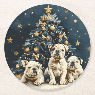 Kerstboom Engelse Bulldog Puppies Ronde Kartonnen Onderzetter