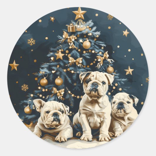 Kerstboom Engelse Bulldog Puppies Ronde Sticker (Voorkant)