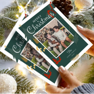 Kerstboom Familie Foto Groen Rood Feestdagenkaart