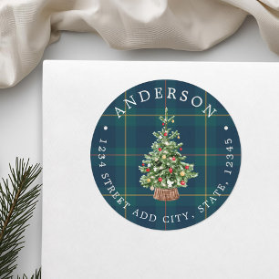 Kerstboom Familie Naam Retouradres Ronde Sticker