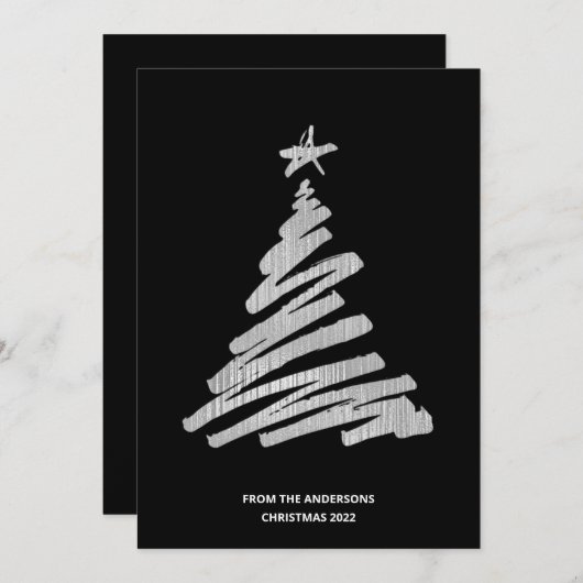 kerstboom Faux Silver Foil en Black Feestdagenkaart (Voorkant / Achterkant)