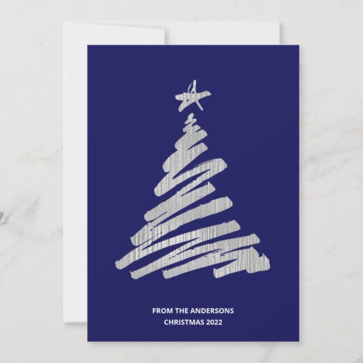 kerstboom Faux Silver Foil en Blue Feestdagenkaart (Voorkant)