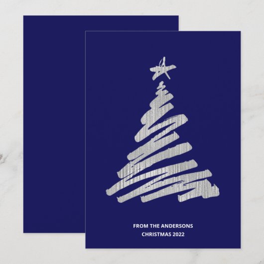 kerstboom Faux Silver Foil en Blue Feestdagenkaart (Voorkant / Achterkant)