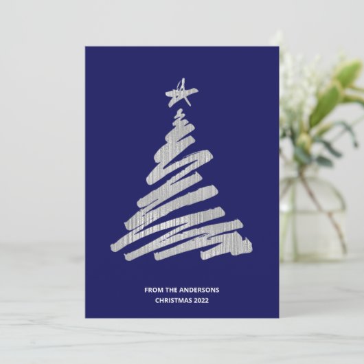 kerstboom Faux Silver Foil en Blue Feestdagenkaart (Staand voorkant)