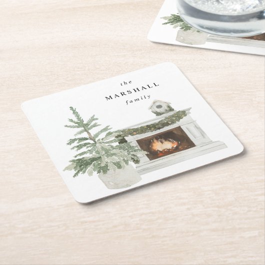 Kerstboom, Fireplace en naam Kartonnen Onderzetters (Schuin)