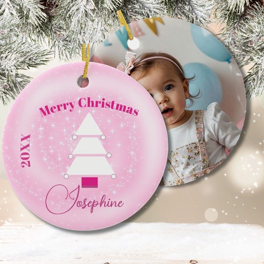 Kerstboom foto roze sterren keramisch ornament